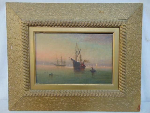 Painting, ships at sea, unsigned, oil on linen, several ships, sail & steam & sloop with figures in (1 of 5)