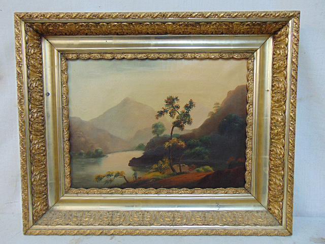 Painting, river landscape with figure, unsigned, oil on canvas, figure by country road overlooking (1 of 6)