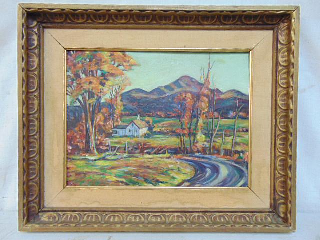 Painting, landscape with farmhouse, Rosamond V. Levy (Lovy ?), oil on canvas board, white farm house (1 of 5)