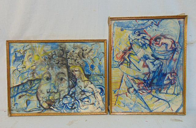 2 paintings, figures, faces, signed Russell Worth (?), watercolor on paper, abstract figures, 14.5" (1 of 7)