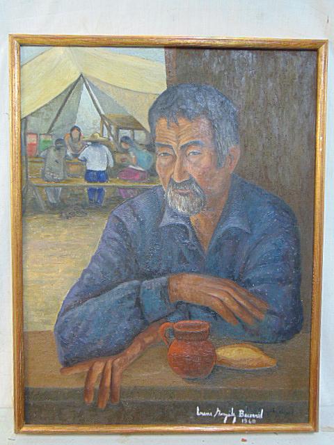 Painting, portrait man by table, signed Louis Bicuril (??) 1960, oil on canvas, canvas is 35.25" by (1 of 6)