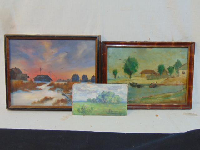 3 paintings, RR small landscape, "McHenry written on reverse, 5" by 8.75" & Pair small boats on (1 of 9)