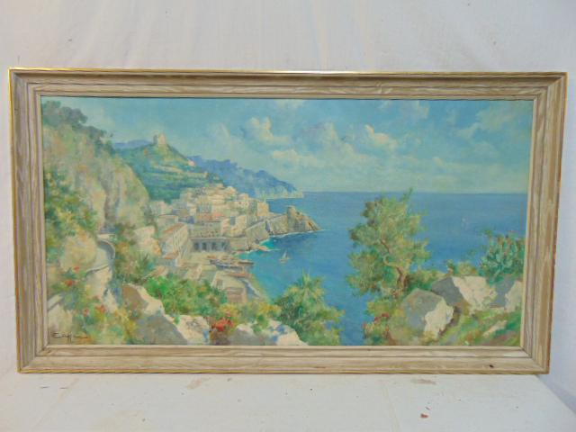 Painting, Mediterranean city view, Carlo Ciappa, oil on Masonite, view of Mediterranean coastal (1 of 5)