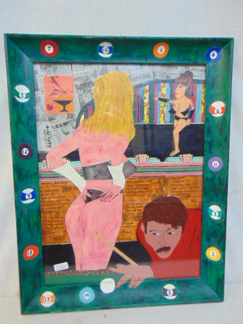 Mixed media, "French Toast & Bacon", Mark Zets, mixed media, bar scene with figure playing pool, (1 of 6)