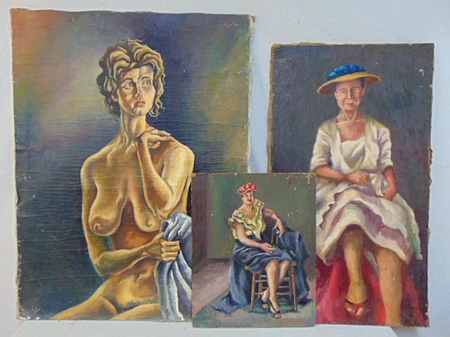 3 paintings, portraits, Keith Lewin, oil on canvas nude, portrait, 39.5" by 29.75", portrait lady: 3 paintings, portraits, Keith Lewin, oil on canvas nude, portrait, 39.5" by 29.75", portrait lady seated on chair with hat, unsigned, oil on Masonite, 20" by 16" & portrait seated lady in white dress