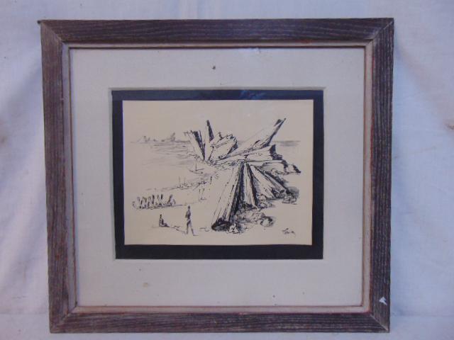 Pen & ink drawing, Frederic Taubes, figures in a surreal landscape, 10" by 13", needs cleaning  Part (1 of 6)