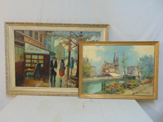 2 paintings, Paris & Amsterdam scenes, oil on canvas, "Parisian Street scene, signed Jon Baker (1 of 11)
