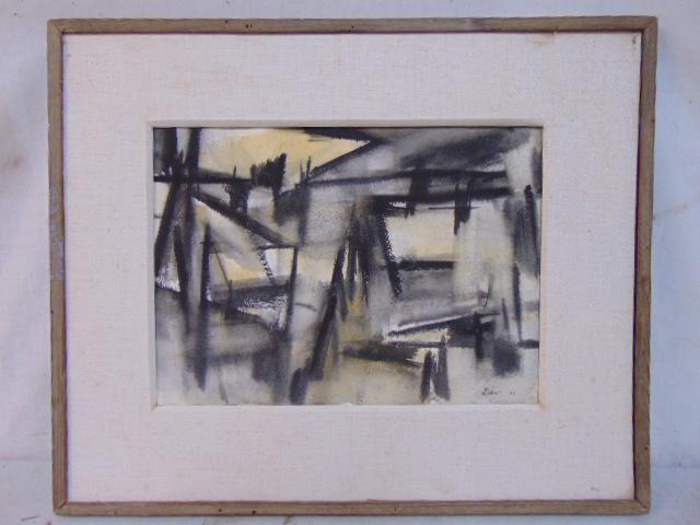 Painting, abstract, signed (Michael) Loew, 1955, watercolor on paper, loose in frame, no glass, (1 of 4)