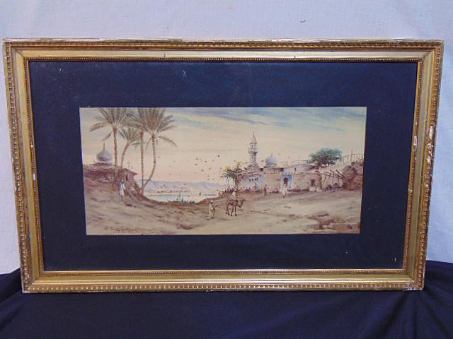 Painting, "Cairo", signed R. Murdoch Wright, watercolor on paper, Cairo scene with figures, river (1 of 5)