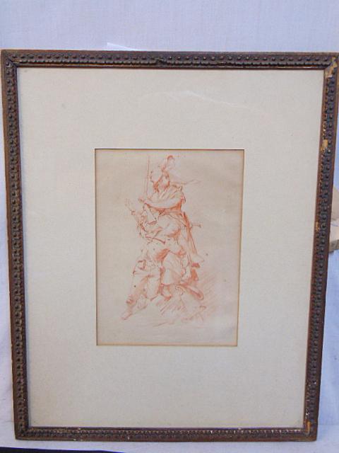 Drawing, 2 figures, attributed to Anton Mauve, Dutch school, drawing in red, signed, 10.75" by 7.75" (1 of 7)
