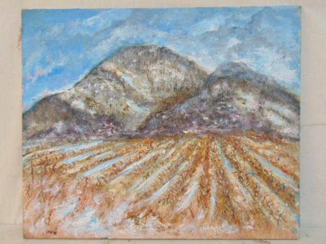 Painting, "Winter Cornfield", Milton Lunin, oil on canvas, "Winter Cornfield and Mountains, 1977, (1 of 6)