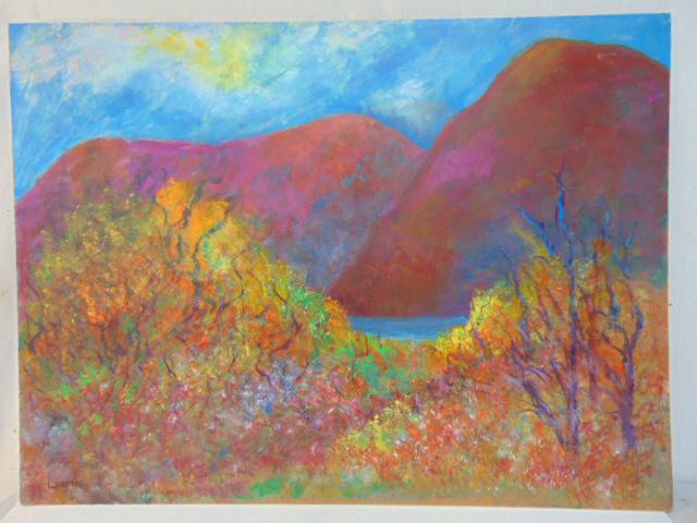 Painting, "Rites of Autumn" Milton Lunin, acrylic on Masonite, 1981, Hudson River scene, 30" by 40" (1 of 6)