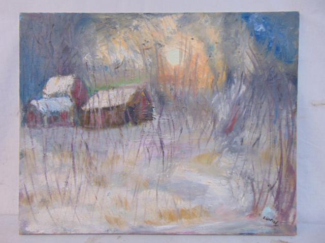 Painting, "Winter Landscape", Milton Lunin, 1963, oil on canvas, 24" by 30", minor paint chips upper (1 of 6)