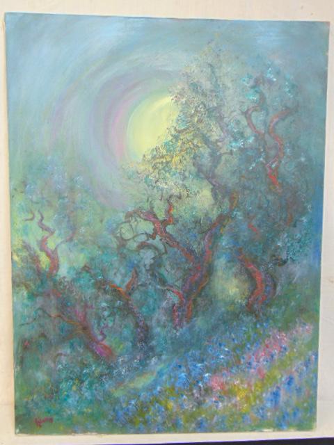 Painting, "Trees & Sun", Milton Lunin, 1981, oil on canvas, 40" by 30" (1 of 6)