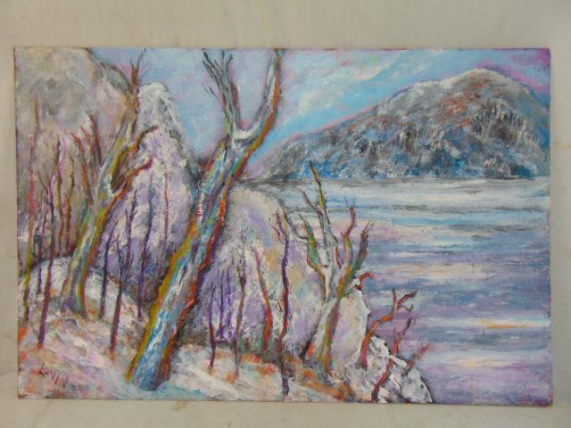 Painting, "Winter on Hudson", Milton Lunin, acrylic on Masonite, 1983, 28" by 42" (1 of 5)
