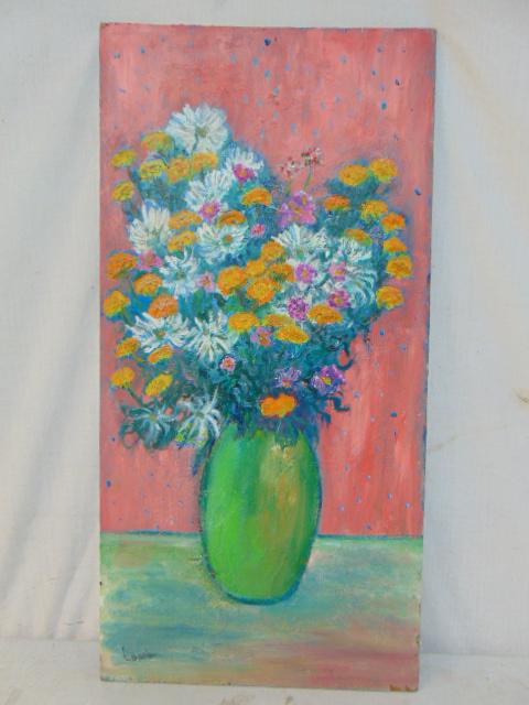 Painting, "Vase & Flowers", Milton Lunin, double sided, has landscape with trees on reverse, oil on (1 of 5)