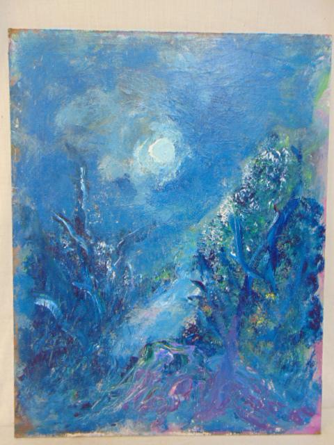 Painting, moonlit landscape, Milton Lunin, oil on Masonite, 24.25" by 19" water damage on reverse, (1 of 3)