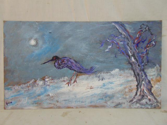 Painting, bird in snow, Milton Lunin, oil on Masonite, 18" by 32": Painting, bird in snow, Milton Lunin, oil on Masonite, 18" by 32"