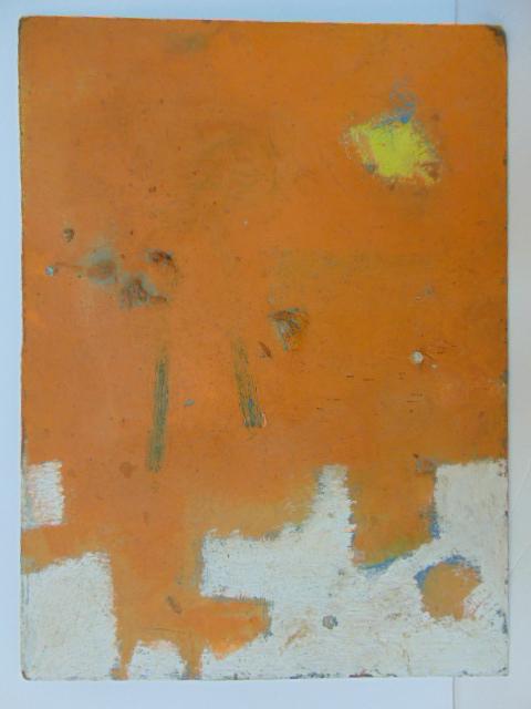Painting, abstract, Tal Streeter, oil on Masonite white shapes on orange field, 16" by 12", (1 of 5)