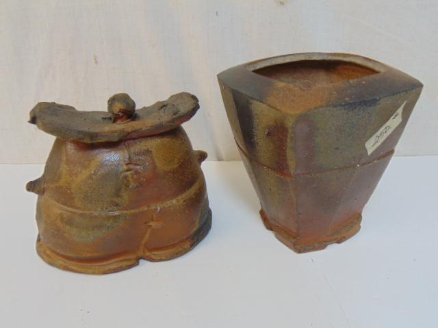 Studio pottery vase & lidded jar, in brown, signed (see images), vase is 8" tall (possibly a jar (1 of 9)