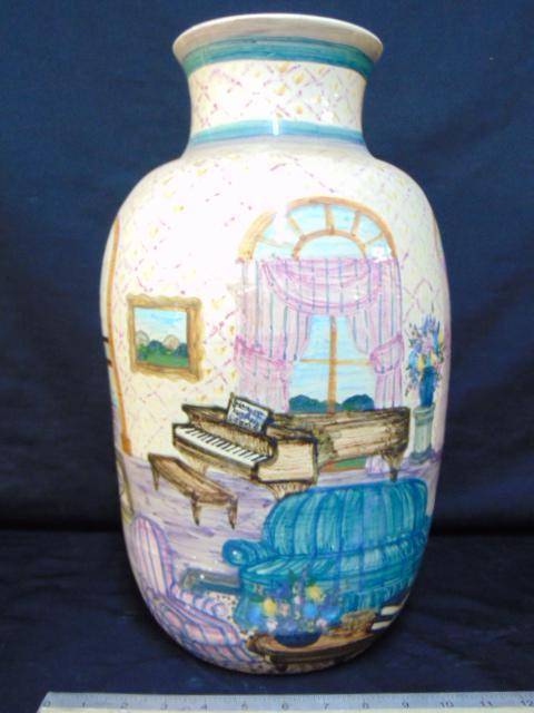 Large paint decorated art pottery vase, signed Lawrence, 1991, large ceramic vase with paint (1 of 7)