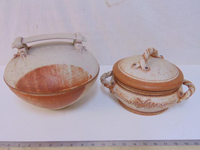 2 studio pottery lidded bowls, dishes, in light beige & brown, signed (see images), dish with rope (1 of 8)