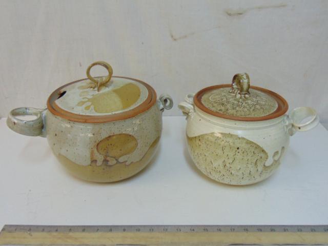 2 Studio pottery covered bowls, tureen, glazed, two toned, signed illegibly. From a one owner (1 of 9)