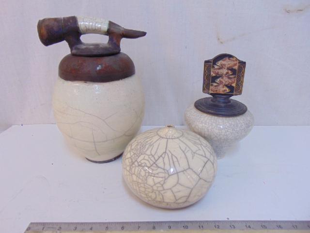3 art pottery, jars, vases, crackle glazed white vase signed K. Gonzalez, lidded jar, white crackle (1 of 14)