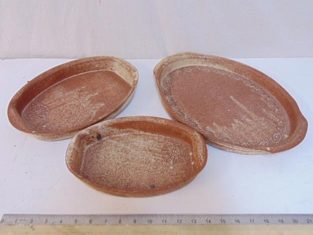3 Studio Pottery trays, signed Parmentur, in brown and beige, largest tray is 16" by 11.5". From a (1 of 6)