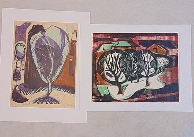 2 woodblock prints in color, Karl Heinz Kliemann, "Kahler Baum", edition XII/XIII, 25.5" by 18.75" & (1 of 9)