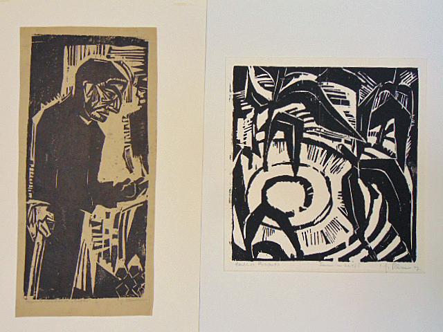 2 woodblock prints, Karl-Heinz Kliemann, "Bettler", 1947 woodcut print, 20" by 9.5" & "Sonne Mit (1 of 10)