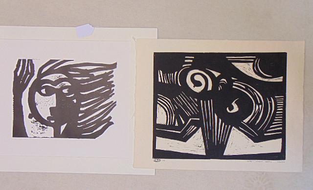 2 woodcuts, Johann Georg Muller, "Gewitter", holzschnitt, 1970, 19 3/8" by 24.75" & "Wind", woodcut (1 of 8)