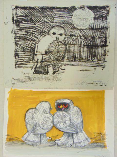 2 drawings, Robert Kalthoff, "Owls", watercolor & ink (?) drawing, 2 owls on orange background, (1 of 9)
