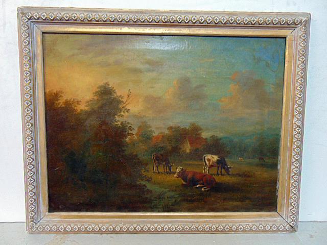 Painting, cattle, cows in pasture, unsigned, oil on canvas, 3 cows in field by house under cloudy (1 of 4)