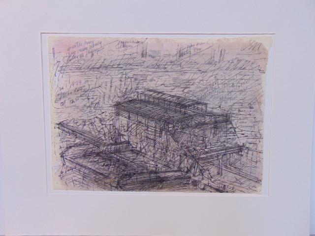 Drawing, barges from NYC, unusual scene with two barges, New Jersey in skyline, extensive writing on (1 of 8)