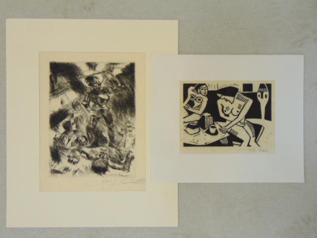 2 etchings, both signed illegibly, woodblock, two nudes by table, signed "Franc"6.5" by 8 5/8" & (1 of 10)