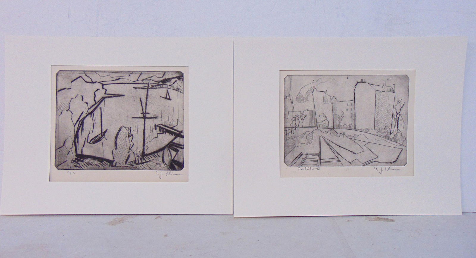 2 drypoint etchings, Carl-Heinz Kliemann, "Vorstadtlandschaft", 1947, 9.25" by 12.75" & (1 of 8)