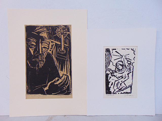 2 woodcut etchings, Karl-Heinz Kliemann, "Mann mit Kerze", 1947, 17" by 10" (sheet cut uneven) & (1 of 11)