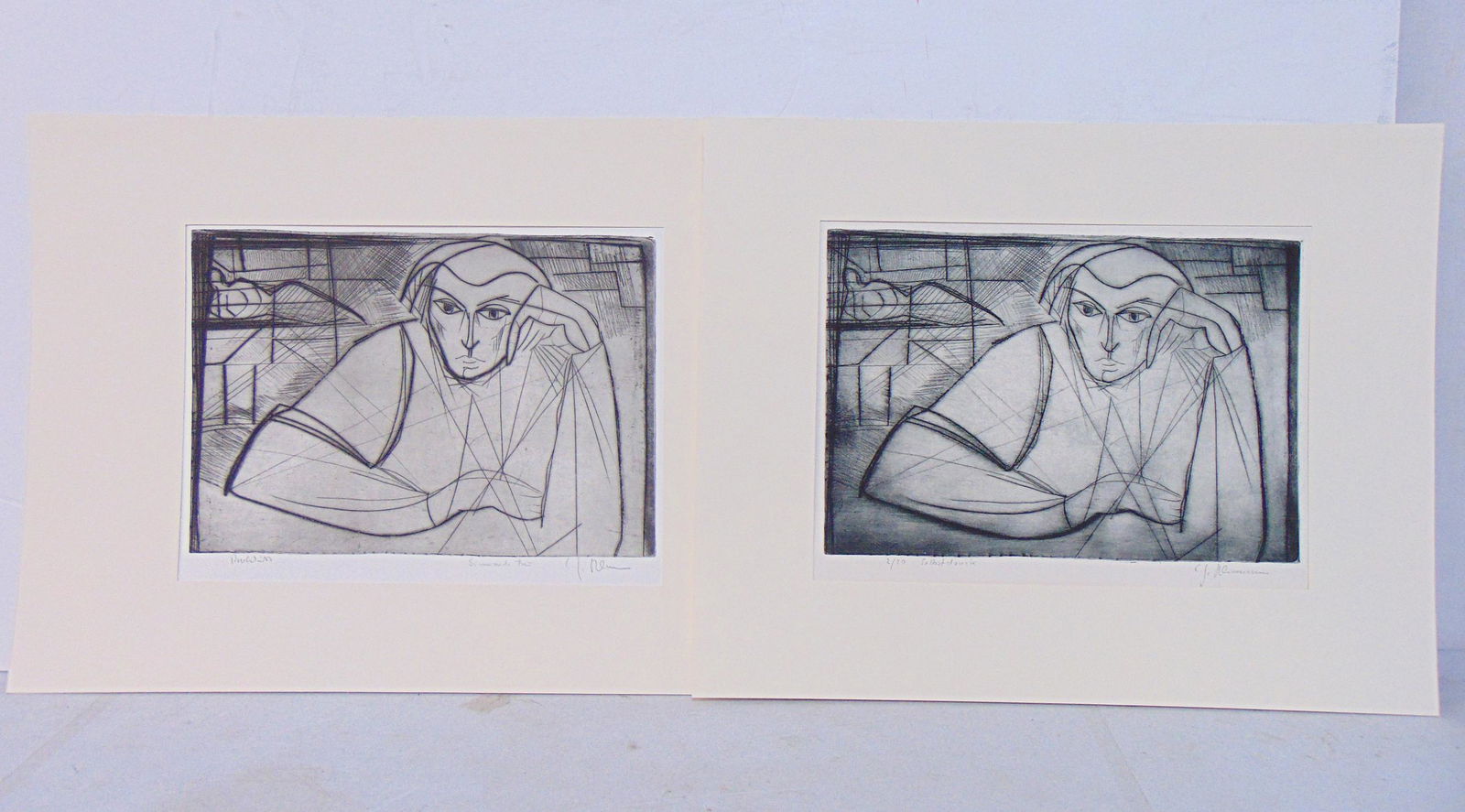Pair etchings, Karl-Heinz Kliemann, "Sinnende Frau", 2 editions, 2/20 & artist proof, each print is (1 of 9)