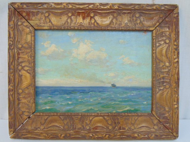 Painting, ship on horizon, P. Cameron (F. Cameron ?), oil on cigar box lid panel, 5" by 7": (1 of 5)
