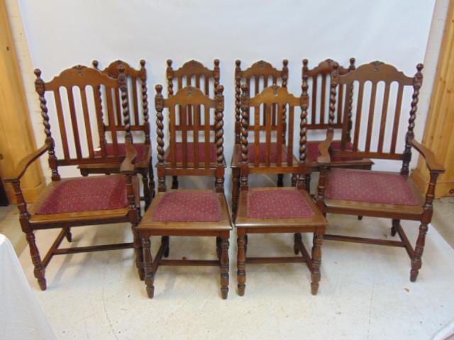 Set of 8 oak dining chairs, spiral column back support, upholstered seats, 2 arm, 6 side.: Set of 8 oak dining chairs, spiral column back support, upholstered seats, 2 arm, 6 side.