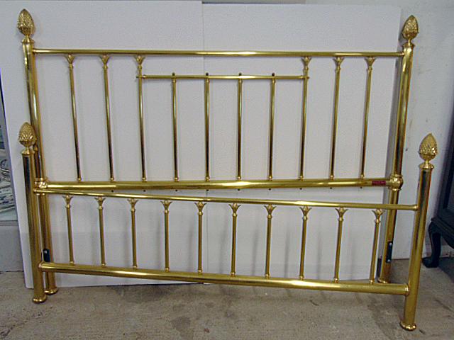 Charles P. Rogers brass bed with frame, king size (76"), decorative brass bed with pinecone finials,: Charles P. Rogers brass bed with frame, king size (76"), decorative brass bed with pinecone finials, signed, headboard is 58.5" tall, footboard is 38"