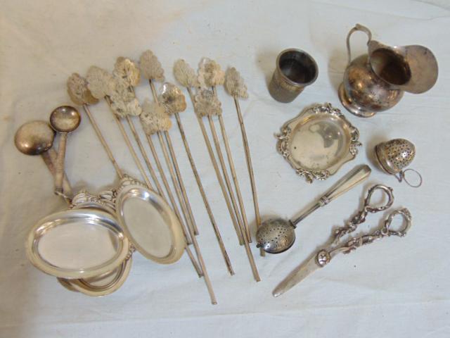 Lot sterling silver, straws, "Only a Thimble Full" shot, creamer, nut dishes & more, 12.5 troy: Lot sterling silver, straws, "Only a Thimble Full" shot, creamer, nut dishes & more, 12.5 troy