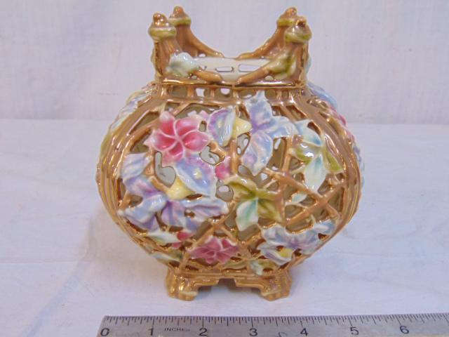 Zsolnay reticulated bowl or vase, floral decorated, height is 6", Hungarian.: Zsolnay reticulated bowl or vase, floral decorated, height is 6", Hungarian.