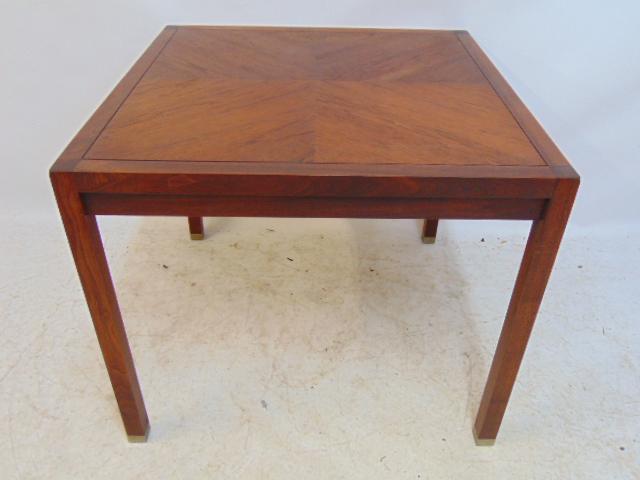 Mid Century modern side table, veneer top, straight legs with metal caps, manner of Edward Wormley,: Mid Century modern side table, veneer top, straight legs with metal caps, manner of Edward Wormley, table is 26" by 26", height is 22"