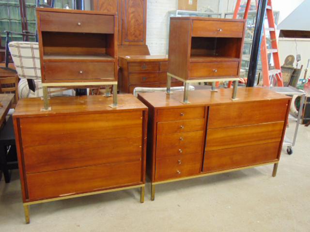 4 piece John Stuart bedroom set, chest, double wide chest & pair nightstands, on metal legs, some: 4 piece John Stuart bedroom set, chest, double wide chest & pair nightstands, on metal legs, some veneer loss, as found, small chest is 36" by 18", wide chest is 53" by 18", height 33.25"