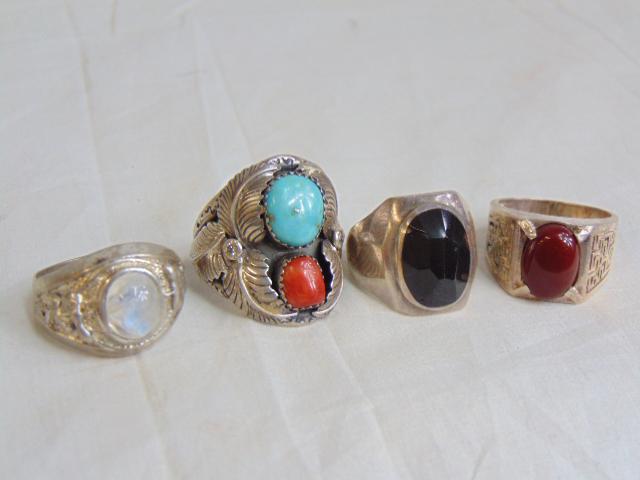 Jewelry, 4 sterling men's rings, Sally Yazzie native American red coral & turquoise sterling ring,: Jewelry, 4 sterling men's rings, Sally Yazzie native American red coral & turquoise sterling ring, hallmarked SY, sterling size 12; faceted black onyx ring size 9.5; Carnelian ring, size 11 & moonston