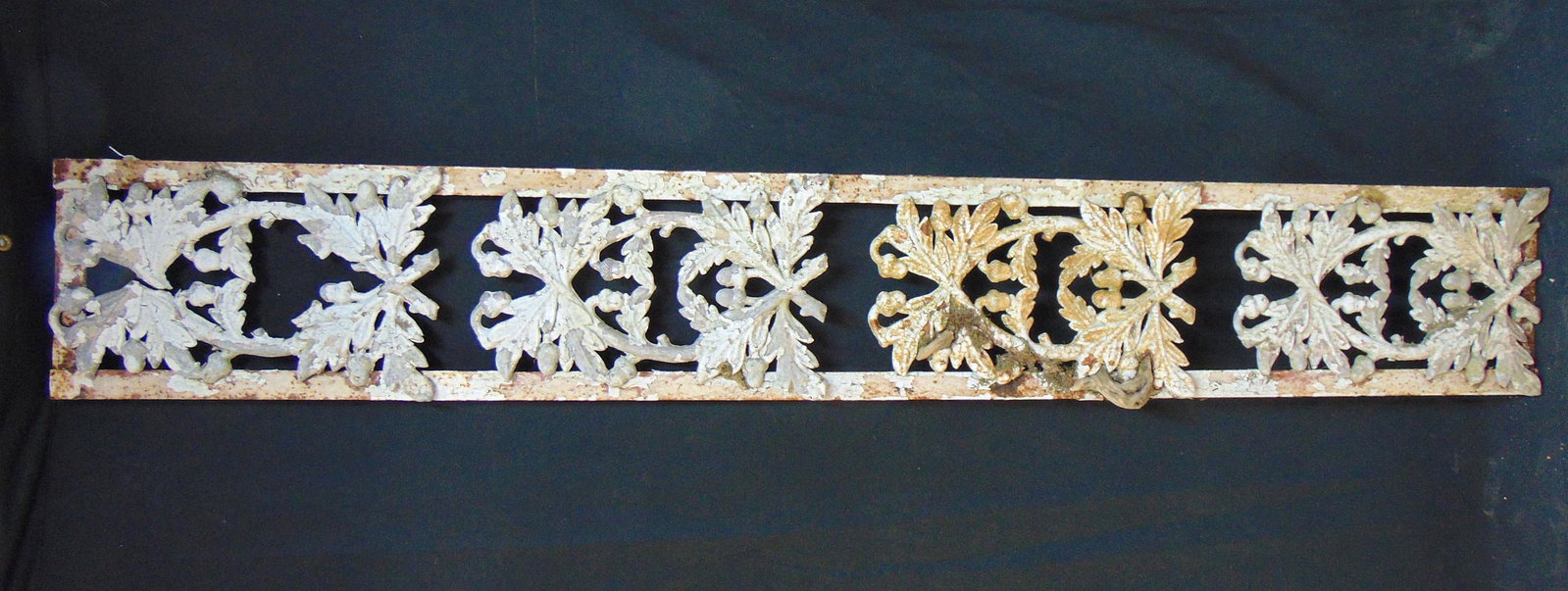 Victorian trellis section, decorated with acorns, leaves, section is 7 feet long, 7.5" wide, old: Victorian trellis section, decorated with acorns, leaves, section is 7 feet long, 7.5" wide, old white paint, some rust.