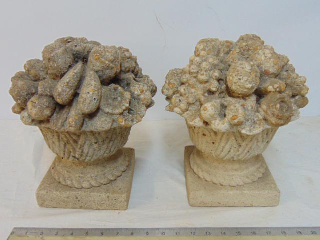Pair cement finial baskets with flowers, each basket is 12" tall.: Pair cement finial baskets with flowers, each basket is 12" tall.