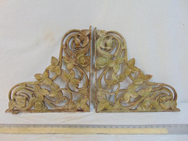 Pair decorative iron brackets, roses, in old paint, 16" by 16", one small tab is missing: Pair decorative iron brackets, roses, in old paint, 16" by 16", one small tab is missing